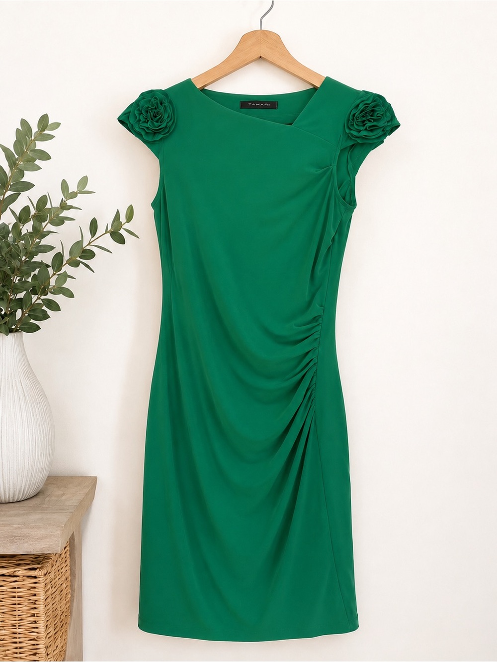 Tahari Emerald Green Cap-Sleeve Sheath Dress with Rosette Accents